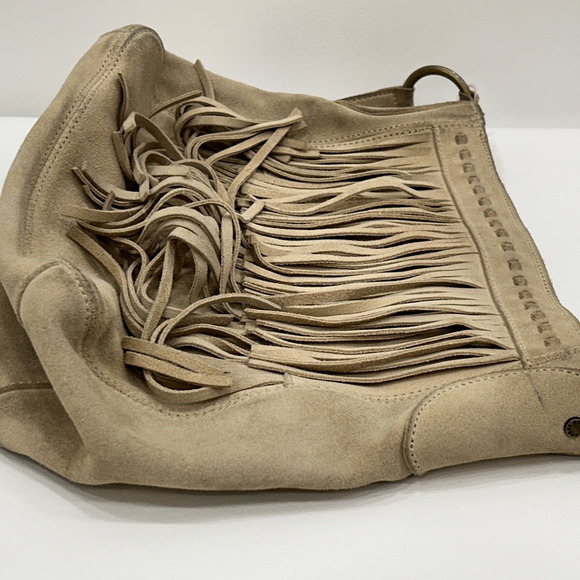 Guess Leather Suede Beige Tan Y2K Hobo Shoulder Fringe Top Zip HandBag Purse - Picture 5 of 16
